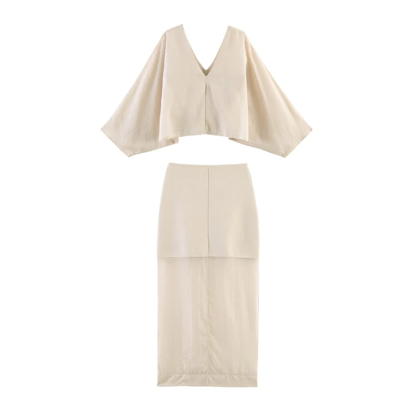 Damen Oversize-Leinenbluse mit V-Ausschnitt und weiten Fledermausärmeln Drune