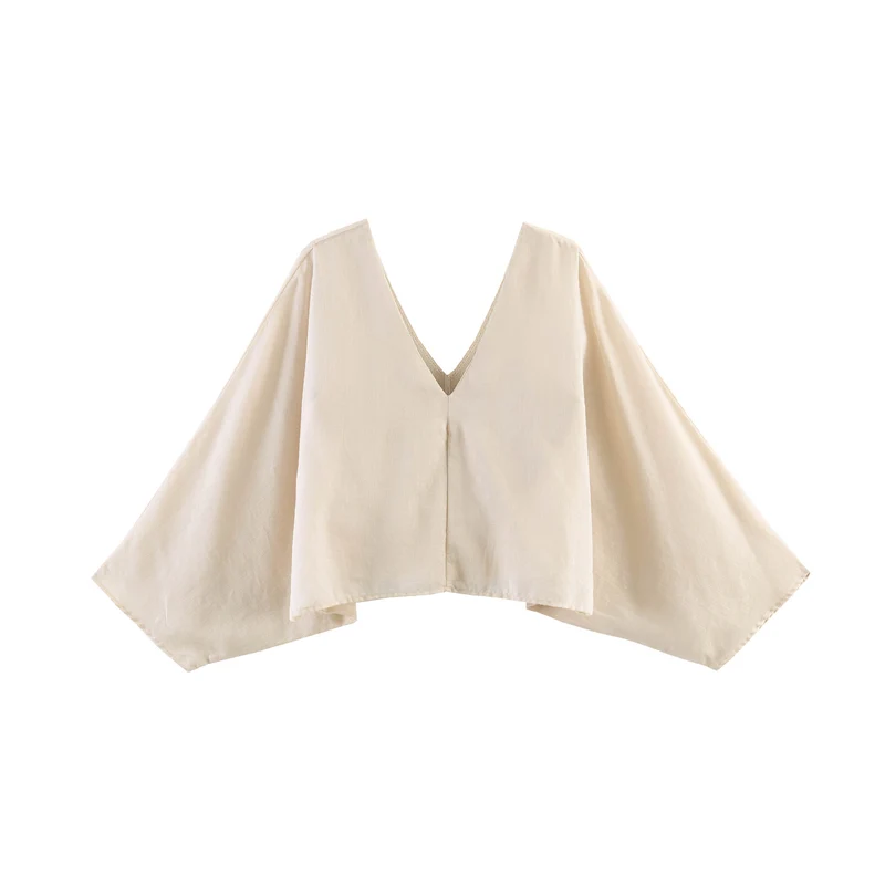 Damen Oversize-Leinenbluse mit V-Ausschnitt und weiten Fledermausärmeln Drune