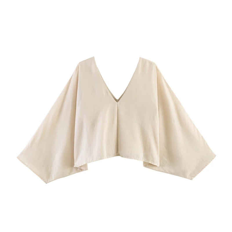 Damen Oversize-Leinenbluse mit V-Ausschnitt und weiten Fledermausärmeln Drune