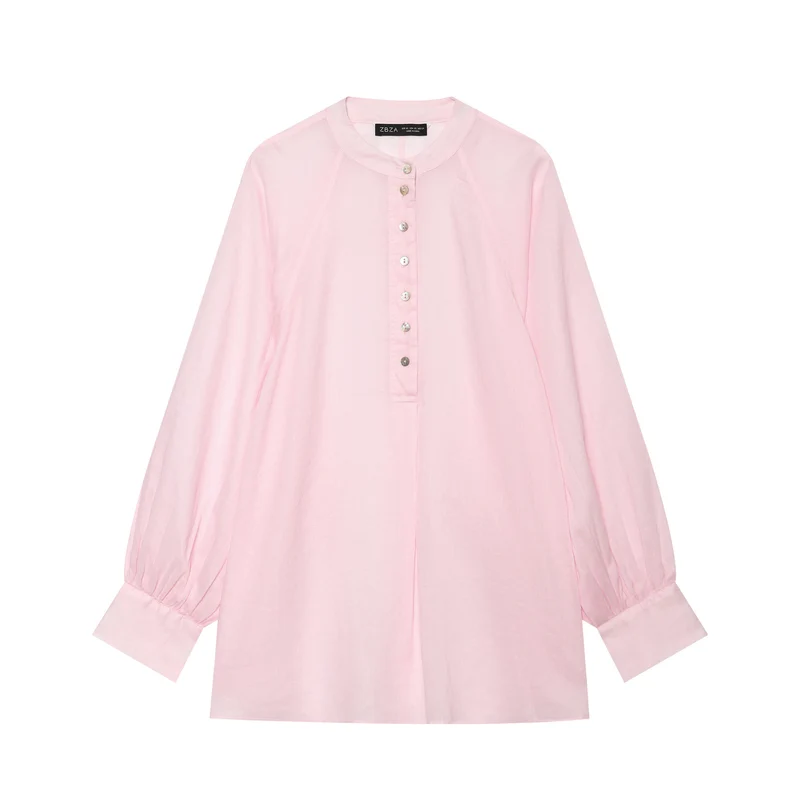 Damen Oversize Leinenbluse mit Stehkragen und Ballonärmeln Drune