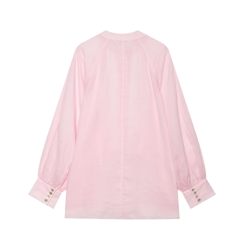 Damen Oversize Leinenbluse mit Stehkragen und Ballonärmeln Drune