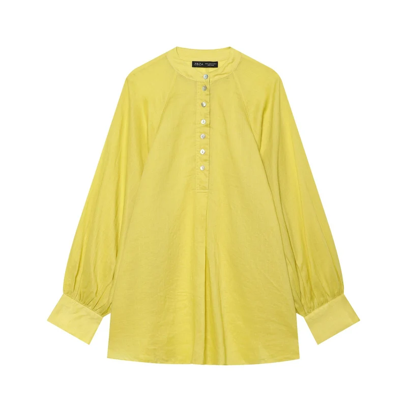 Damen Oversize Leinenbluse mit Stehkragen und Ballonärmeln Drune