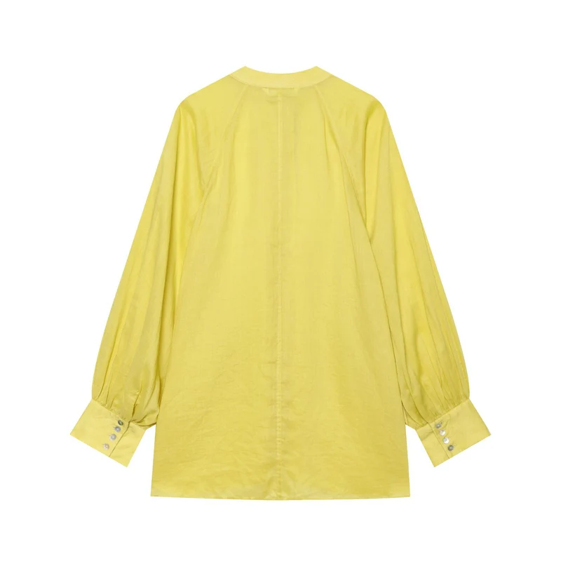 Damen Oversize Leinenbluse mit Stehkragen und Ballonärmeln Drune