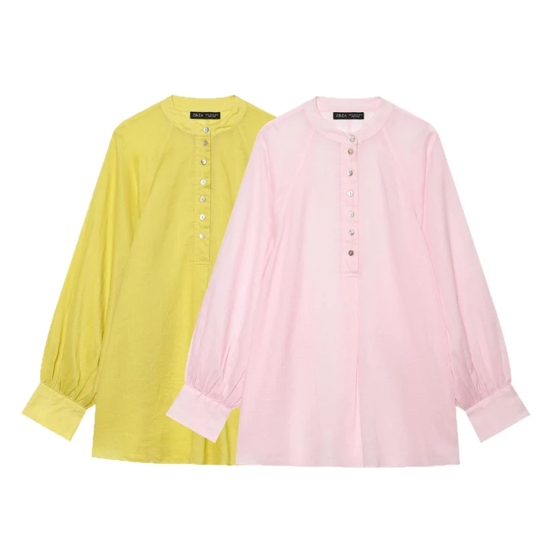 Damen Oversize Leinenbluse mit Stehkragen und Ballonärmeln Drune