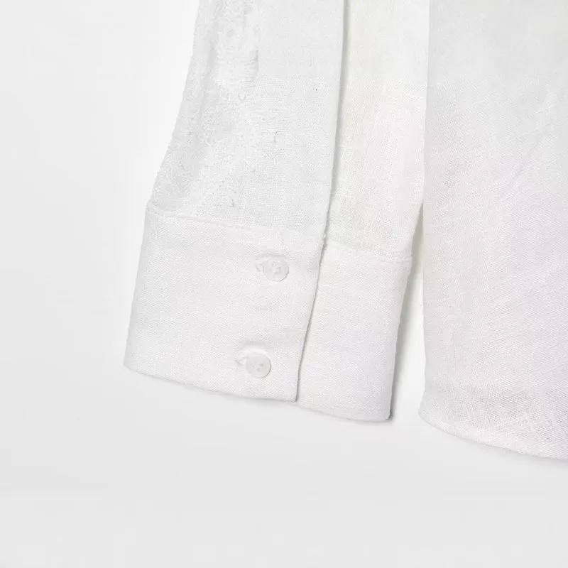 Damen Oversize Leinenbluse mit Spitzeneinsatz an Ärmeln und verdeckter Knopfleiste Drune