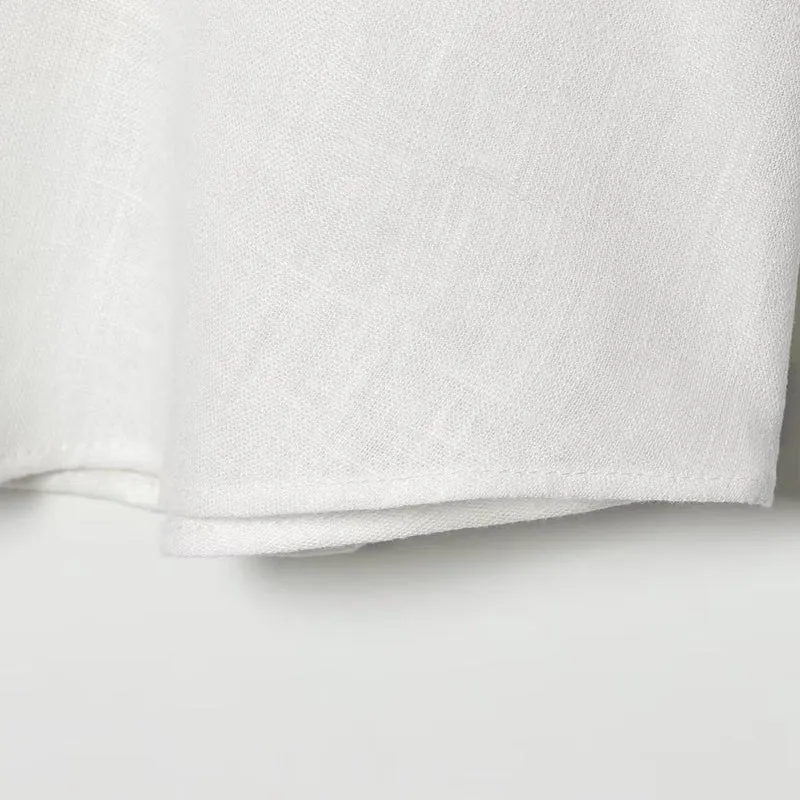 Damen Oversize Leinenbluse mit Spitzeneinsatz an Ärmeln und verdeckter Knopfleiste Drune