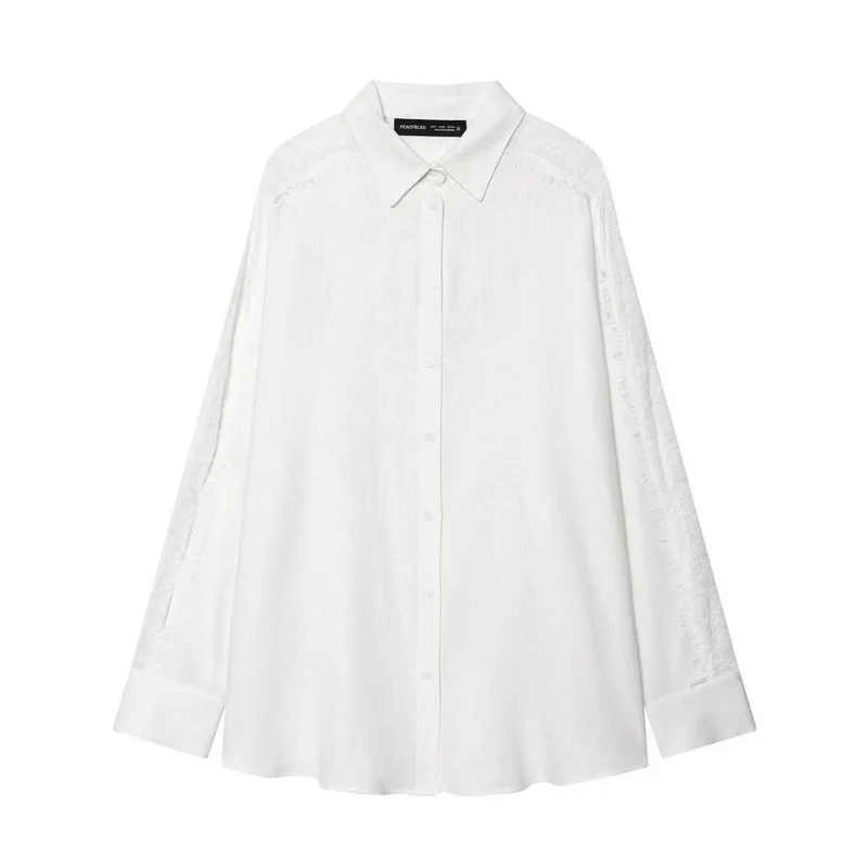 Damen Oversize Leinenbluse mit Spitzeneinsatz an Ärmeln und verdeckter Knopfleiste Drune