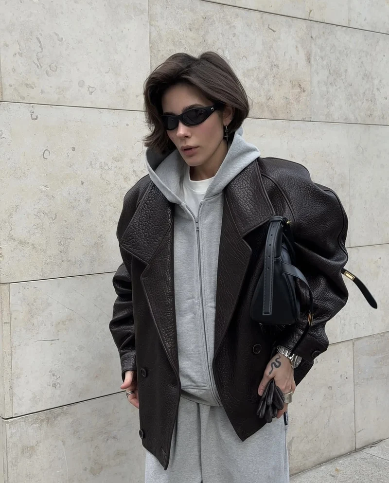 Damen Oversize Lederoptik-Mantel mit strukturierter Oberfläche und weitem Revers Drune