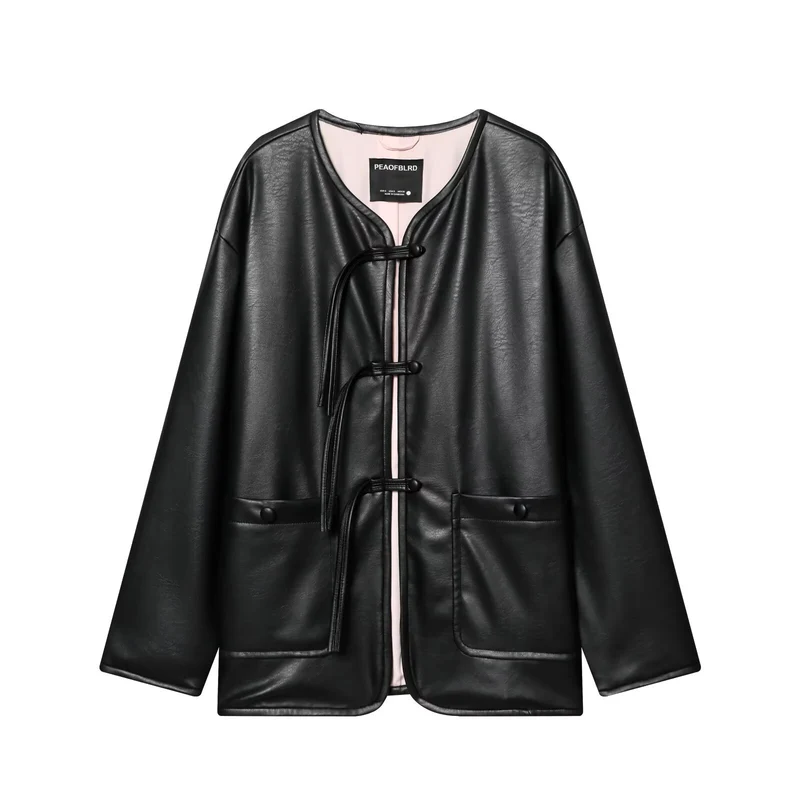Damen Oversize Kunstlederjacke mit kinesi‑inspirierten Kordelverschlüssen Drune