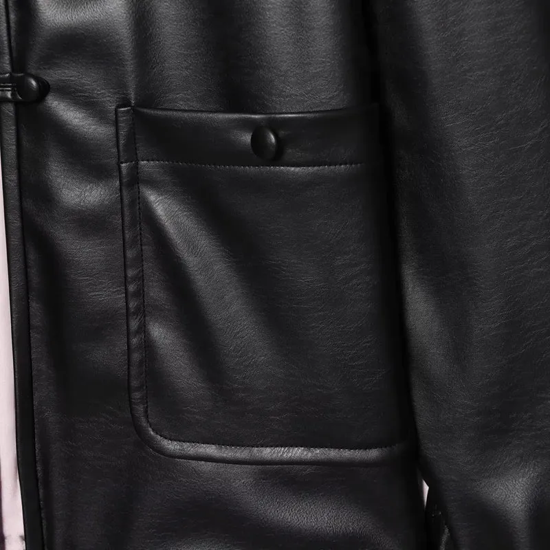 Damen Oversize Kunstlederjacke mit kinesi‑inspirierten Kordelverschlüssen Drune