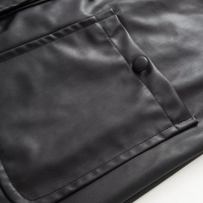 Damen Oversize Kunstlederjacke mit Bindebändern und aufgesetzten Taschen Drune