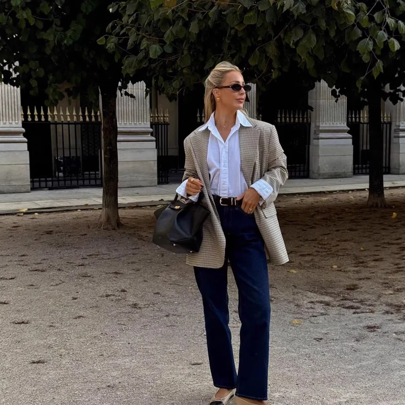 Damen Oversize-Kariertes Sakko mit Reverskragen und Pattentaschen Drune