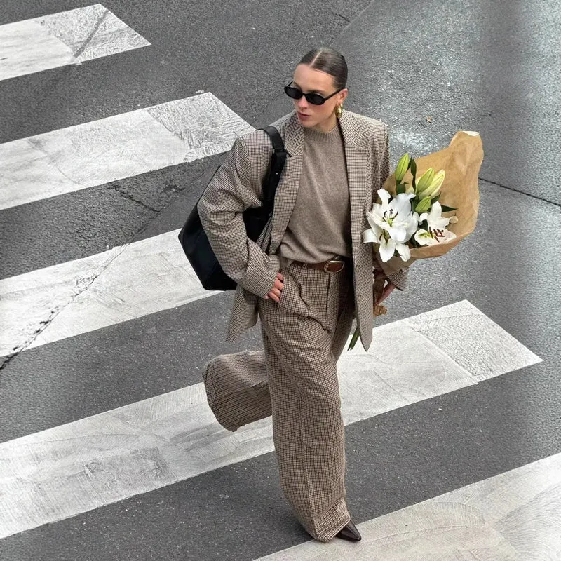 Damen Oversize-Kariertes Sakko mit Reverskragen und Pattentaschen Drune