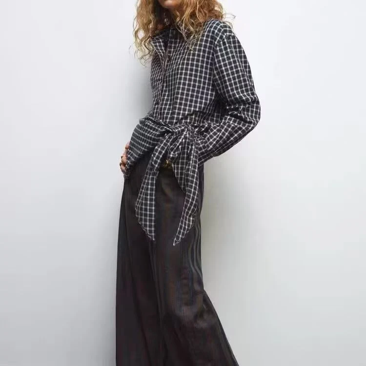 Damen Oversize kariertes Hemd mit abgerundetem Saum Drune