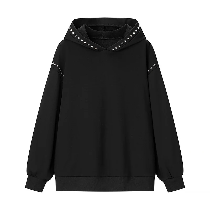 Damen Oversize-Kapuzenpullover mit Nietenbesatz und Rippbündchen Drune