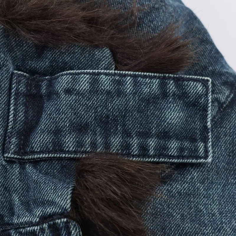 Damen Oversize-Jeansjacke mit voluminösem Kunstpelzkragen und elastischem Saum Drune