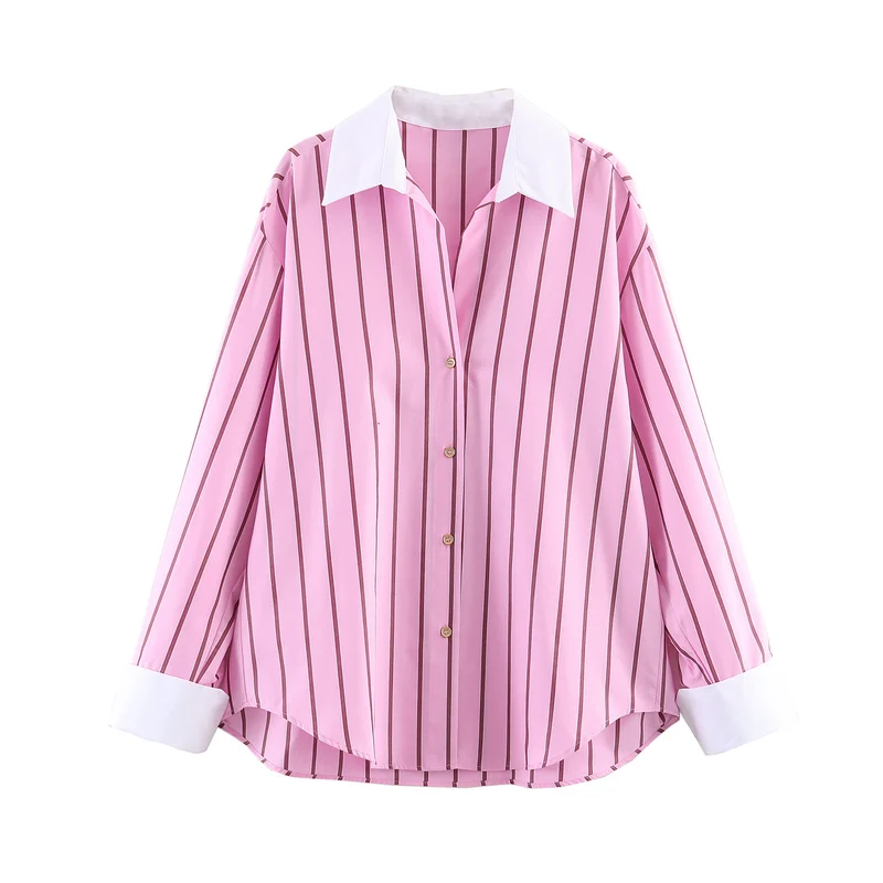 Damen Oversize-Hemdbluse mit Kontrastkragen, Manschetten und vertikalem Streifenmuster Drune