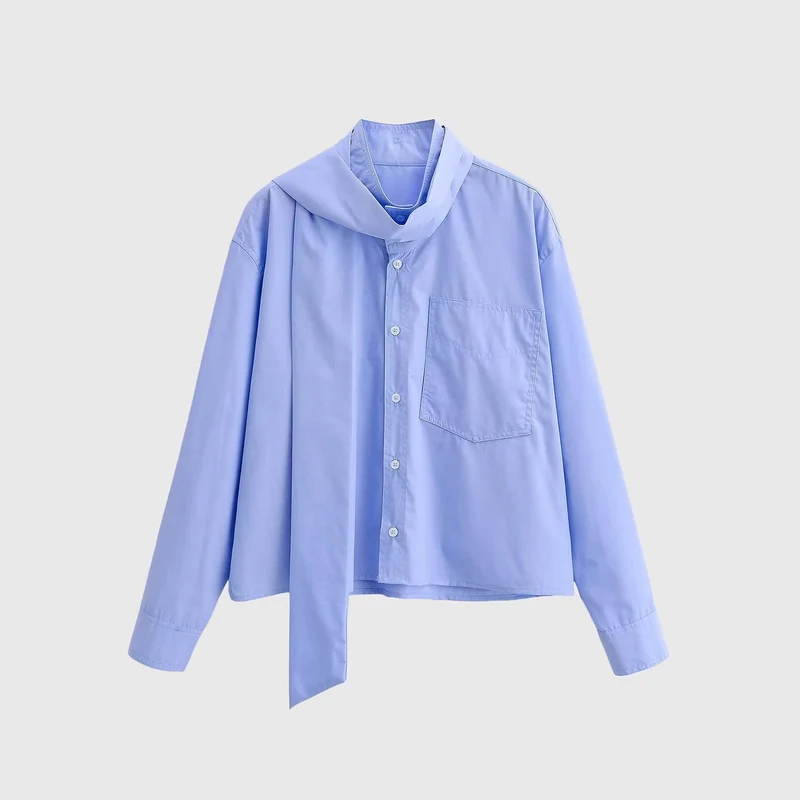 Damen Oversize‑Hemdbluse mit integriertem Halstuch‑Schal und aufgesetzter Brusttasche Drune