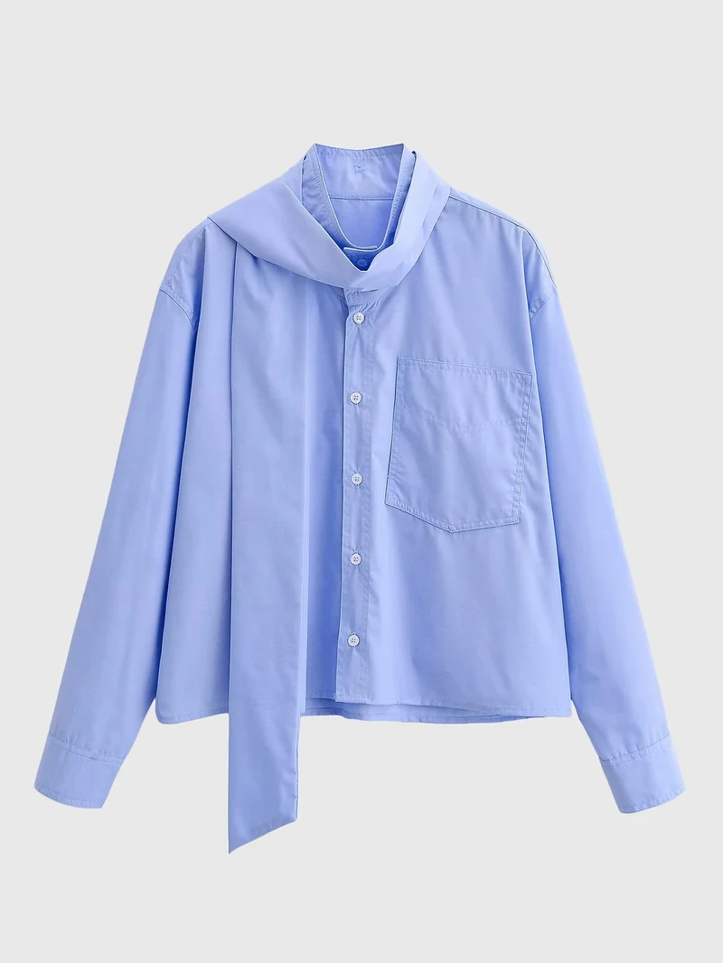 Damen Oversize‑Hemdbluse mit integriertem Halstuch‑Schal und aufgesetzter Brusttasche Drune