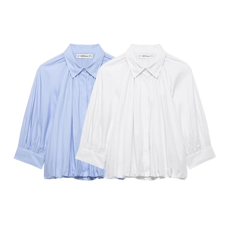 Damen Oversize-Hemdbluse mit Faltenlegung, Ballonärmeln und gerafftem Saum Drune