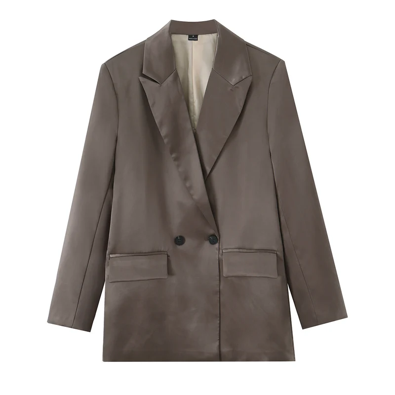 Damen Oversize Doppelreiher-Blazer aus satinierter Faux-Lederoptik Drune
