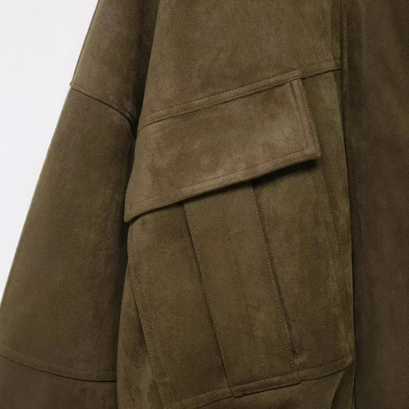 Damen Oversize-Cropped Wildlederoptik-Jacke mit Kapuze und aufgesetzten Pattentaschen Drune
