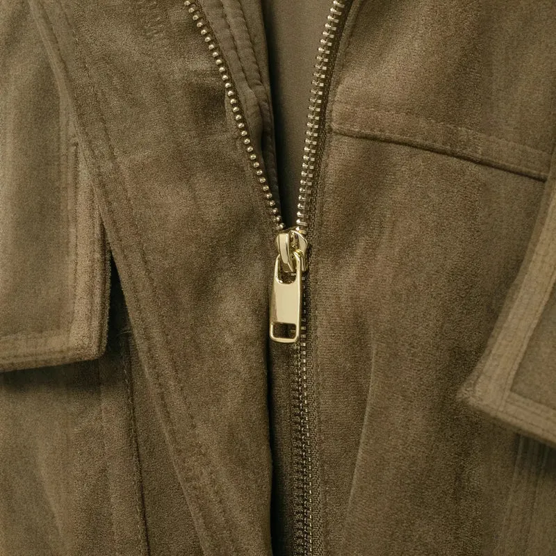 Damen Oversize-Cropped Wildlederoptik-Jacke mit Kapuze und aufgesetzten Pattentaschen Drune