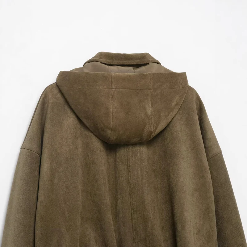 Damen Oversize-Cropped Wildlederoptik-Jacke mit Kapuze und aufgesetzten Pattentaschen Drune