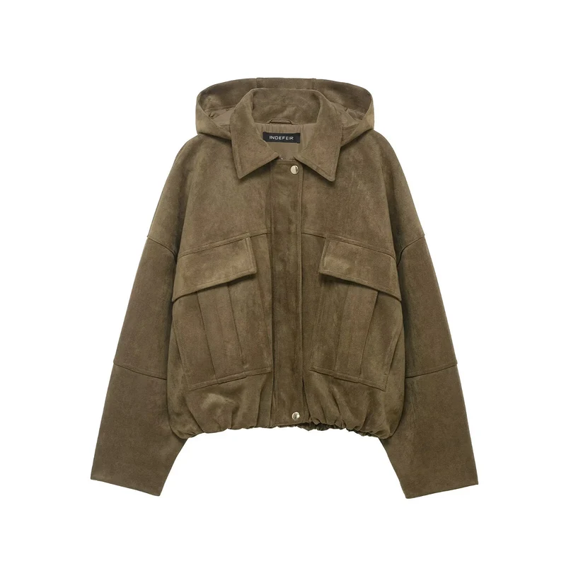 Damen Oversize-Cropped Wildlederoptik-Jacke mit Kapuze und aufgesetzten Pattentaschen Drune