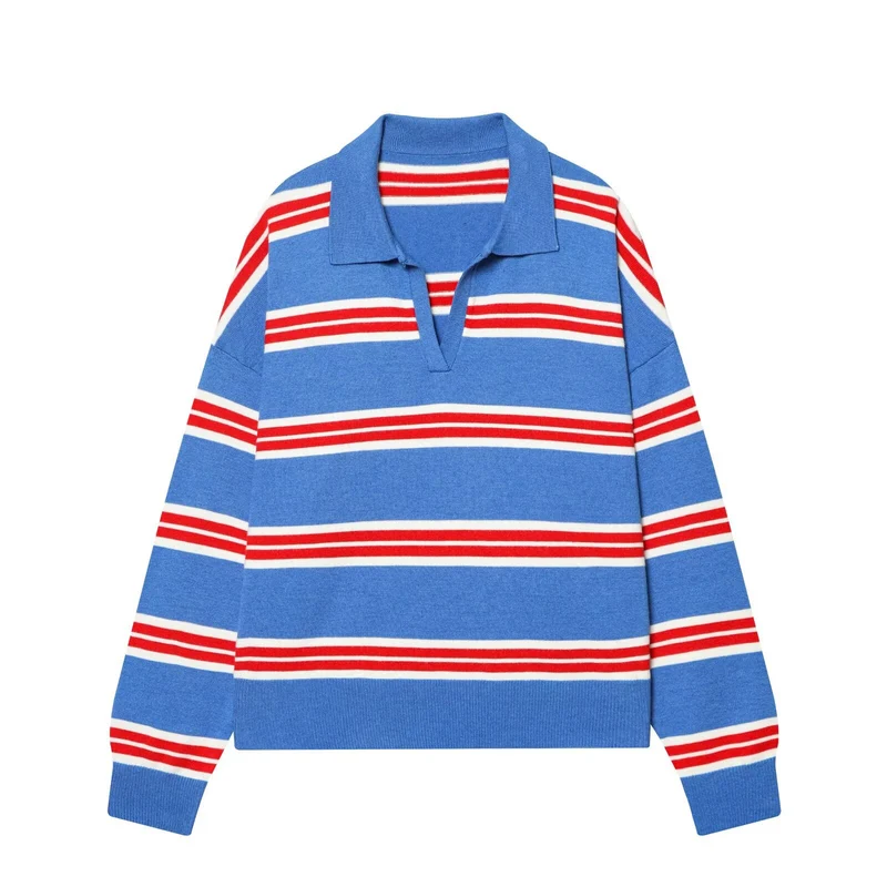 Damen Oversize Cropped Rugby-Pullover mit Polokragen und V‑Ausschnitt Drune