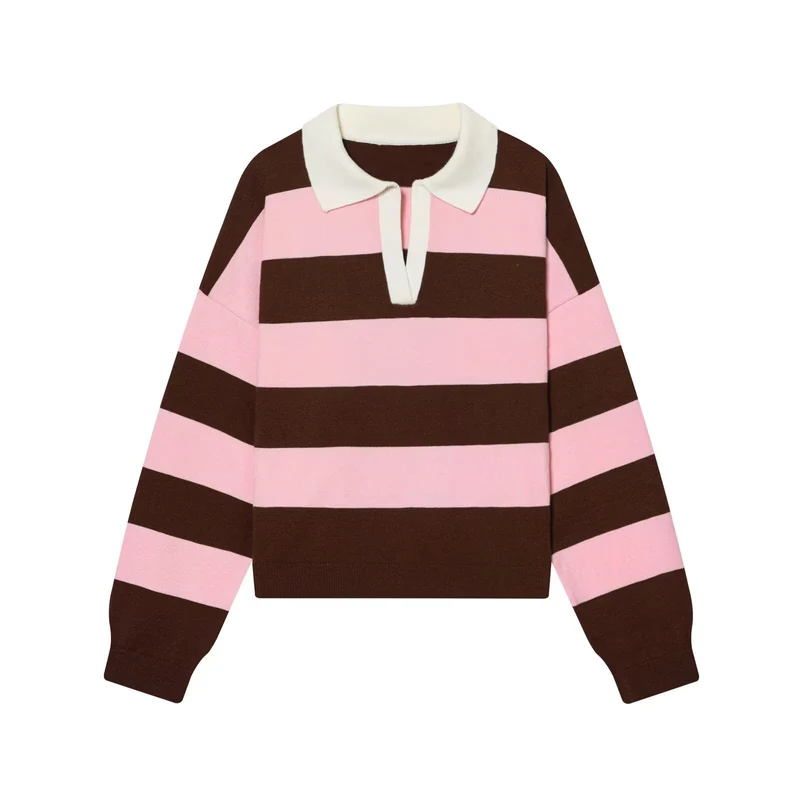 Damen Oversize Cropped Rugby-Pullover mit Polokragen und V‑Ausschnitt Drune