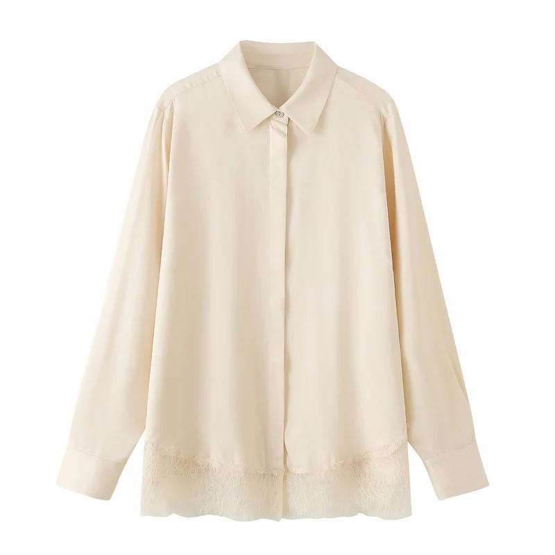 Damen Oversize-Bluse mit verdeckter Knopfleiste und Spitzenabschluss Drune