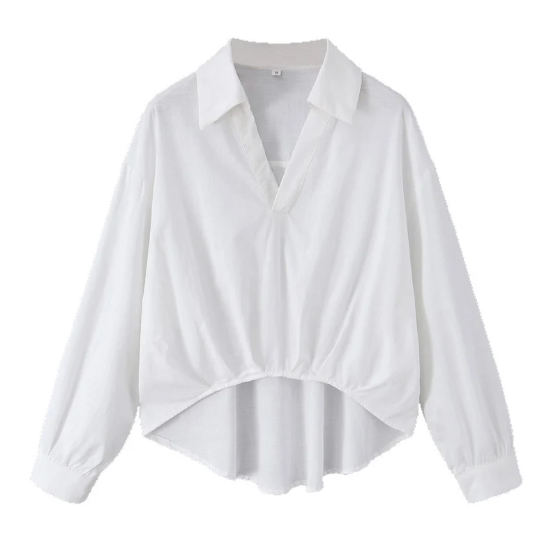 Damen Oversize-Bluse mit tiefem V-Ausschnitt, Hemdkragen und gerafftem Frontsaum Drune