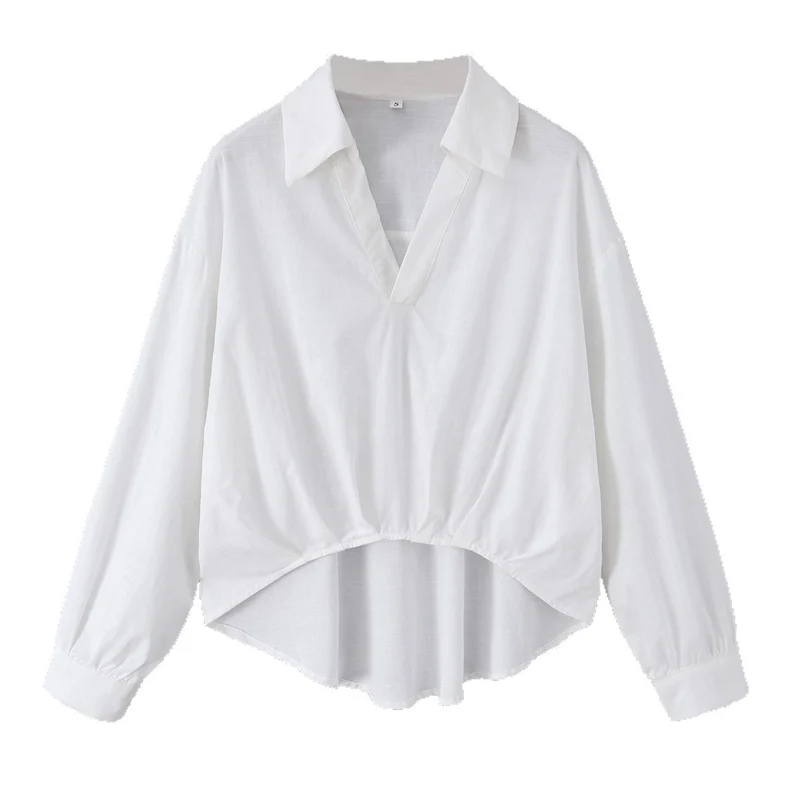Damen Oversize-Bluse mit tiefem V-Ausschnitt, Hemdkragen und gerafftem Frontsaum Drune