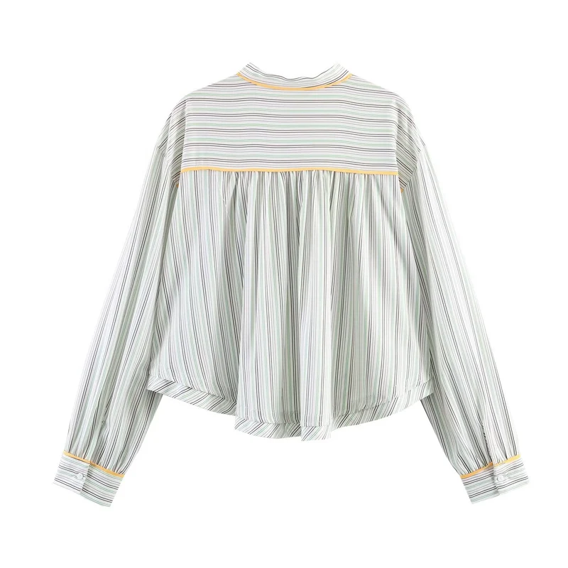 Damen Oversize-Bluse im Cropped-Schnitt mit Stehkragen, feinem Streifenmuster und Kontrastpaspel Drune