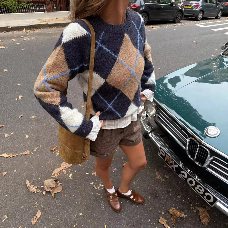 Damen Oversize‑Argyle‑Strickpullover mit Rundhals, überschnittenen Schultern und Rippbündchen Drune