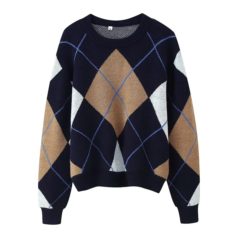 Damen Oversize‑Argyle‑Strickpullover mit Rundhals, überschnittenen Schultern und Rippbündchen Drune