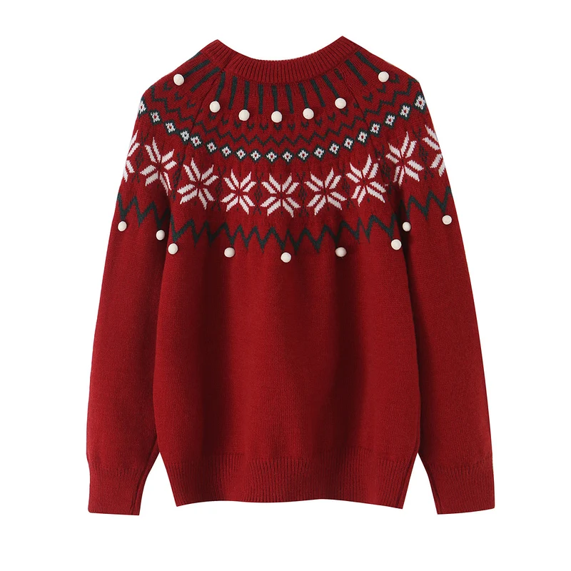 Damen Norwegermuster-Strickpullover mit Rundhalsausschnitt und dreidimensionalen Pompons Drune
