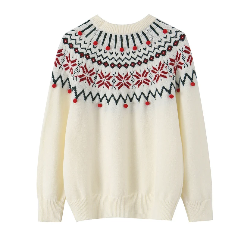 Damen Norwegermuster-Strickpullover mit Rundhalsausschnitt und dreidimensionalen Pompons Drune