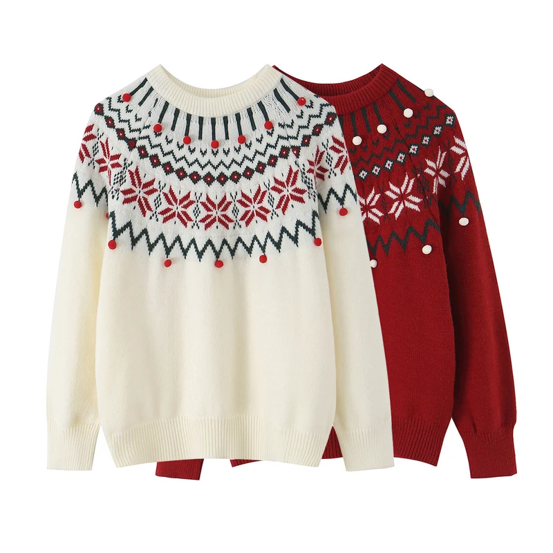 Damen Norwegermuster-Strickpullover mit Rundhalsausschnitt und dreidimensionalen Pompons Drune