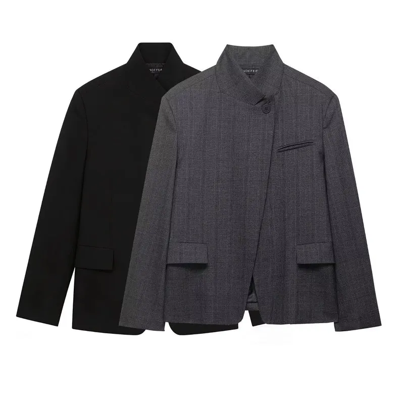 Damen Moderner schlanker Blazer mit asymmetrischer Knopfleiste und Stehkragen Drune