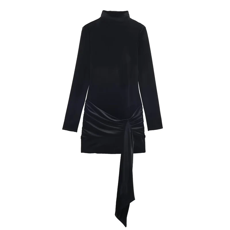 Damen Minikleid mit Rollkragen, langem Arm und seitlicher Drapé-Schleife Drune