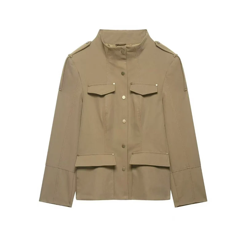 Damen Militärinspirierte Utility-Jacke mit Stehkragen und aufgesetzten Pattentaschen Drune