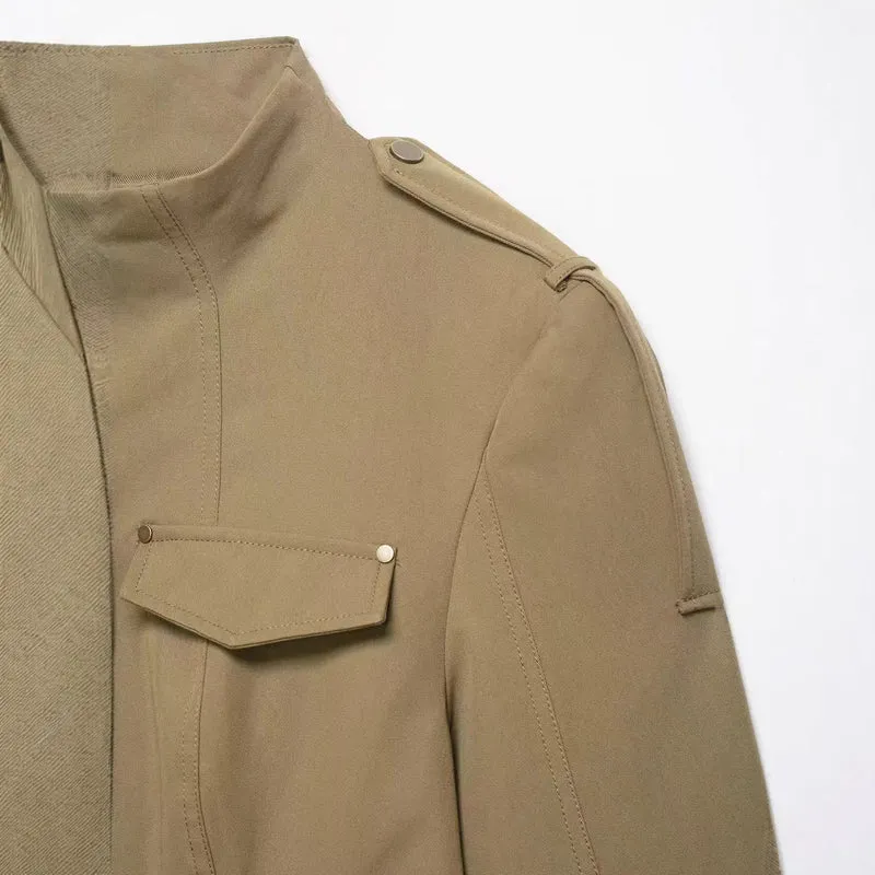 Damen Militärinspirierte Utility-Jacke mit Stehkragen und aufgesetzten Pattentaschen Drune