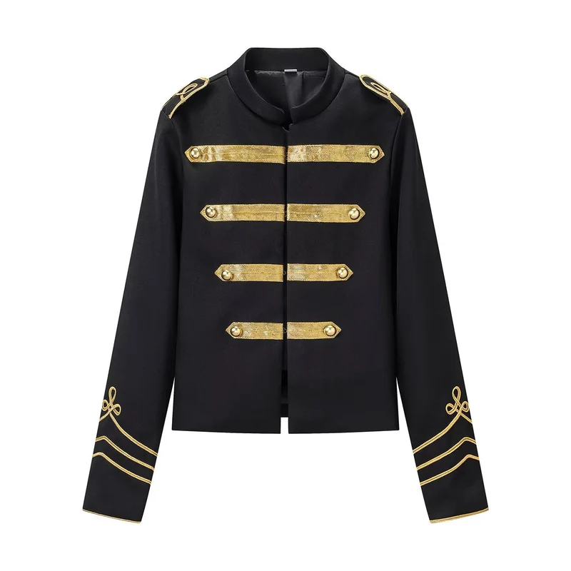 Damen Militärinspirierte Kurzjacke mit Stehkragen und goldenen Zierstreifen Drune