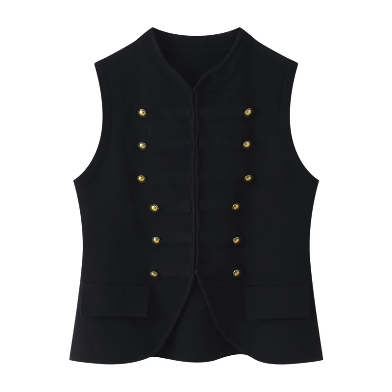 Damen Militärinspirierte Bouclé‑Weste mit Stehkragen und Zierknöpfen Drune