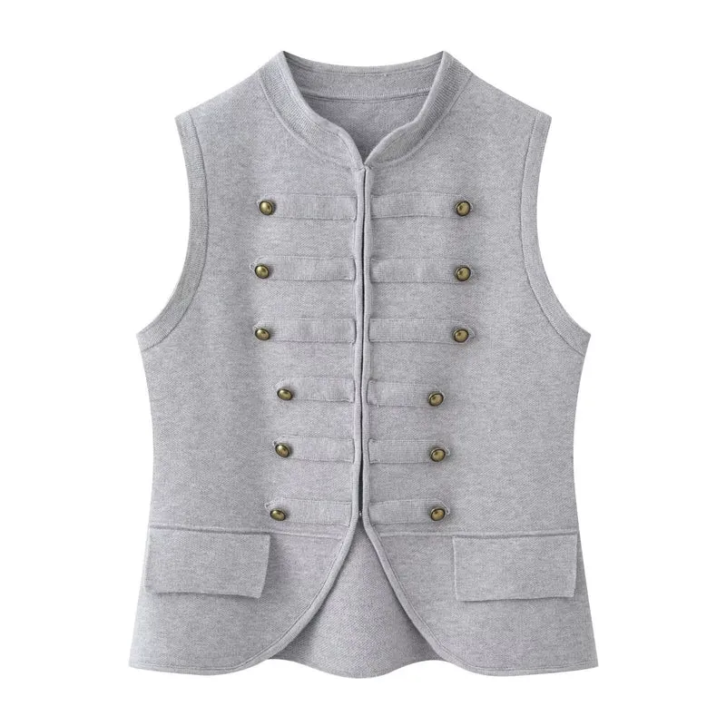 Damen Militärinspirierte Bouclé‑Weste mit Stehkragen und Zierknöpfen Drune