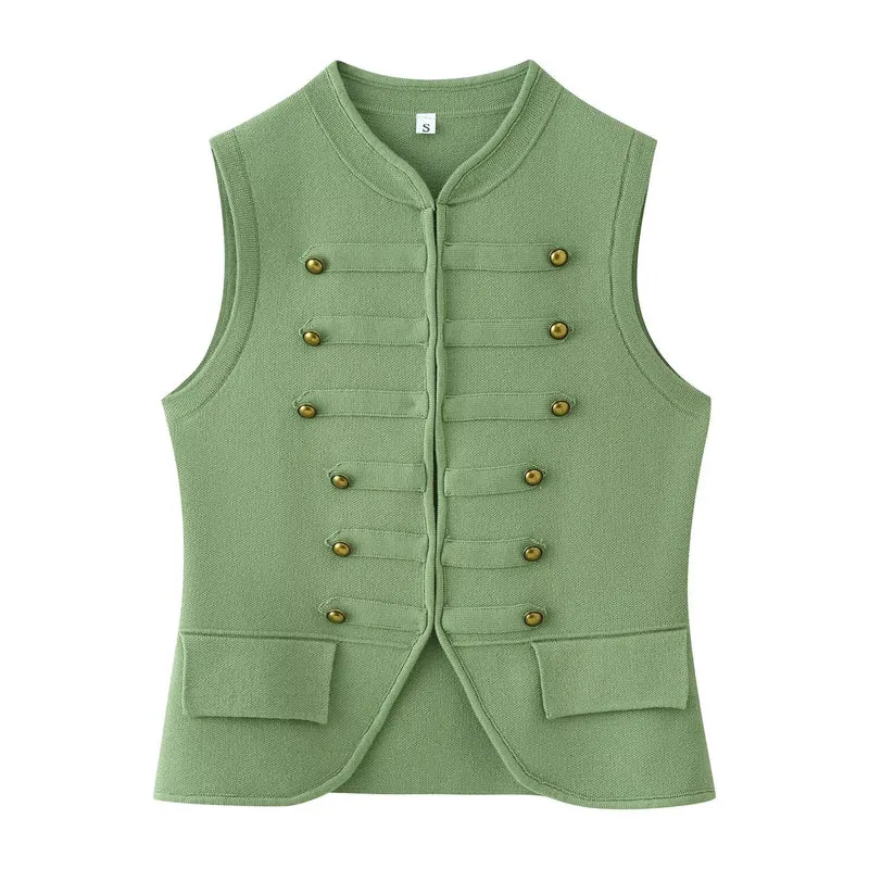 Damen Militärinspirierte Bouclé‑Weste mit Stehkragen und Zierknöpfen Drune