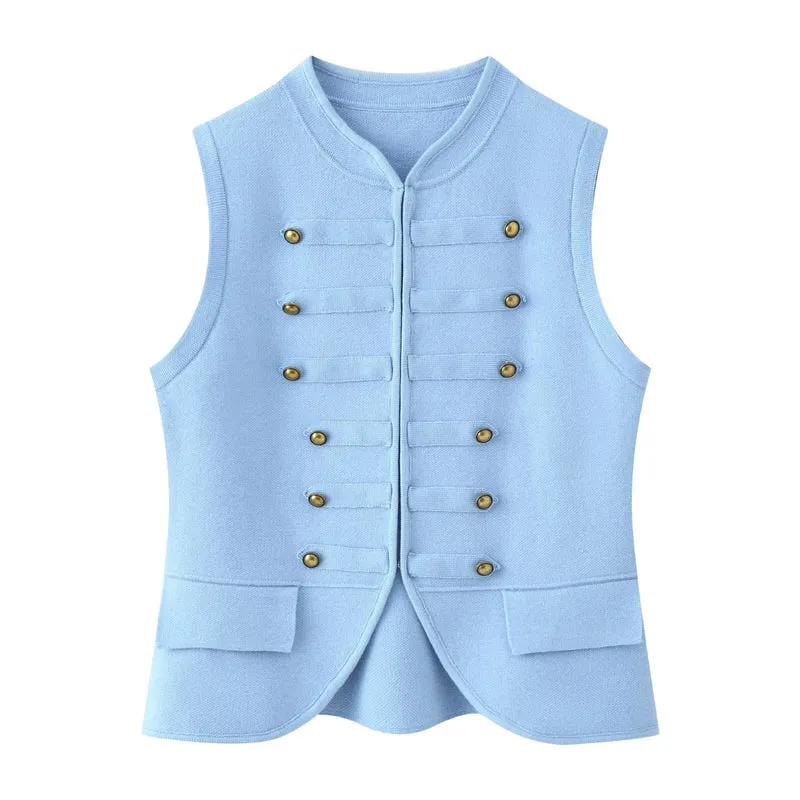 Damen Militärinspirierte Bouclé‑Weste mit Stehkragen und Zierknöpfen Drune