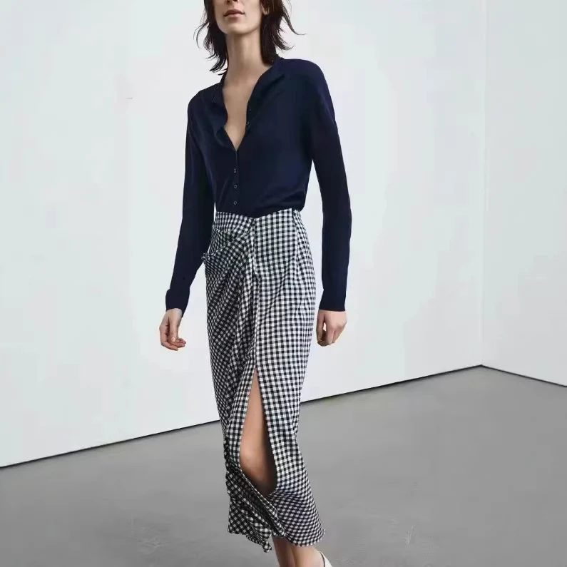 Damen Midirock mit Wickeldetail und Vichy-Karos Drune